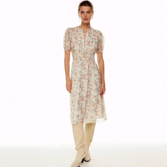 Wilfred Aritzia NWOT Daughter Midi Dress Floral Puff Sleeve Peasant Smocked S - Picture 2 of 8
